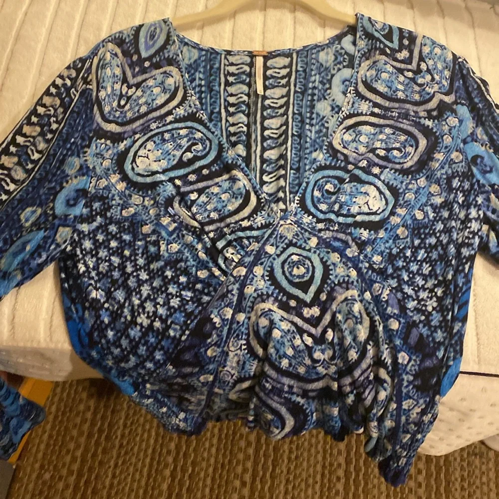 Free People Navy and Sky Blue Patterned Blouse - Picture 2 of 8
